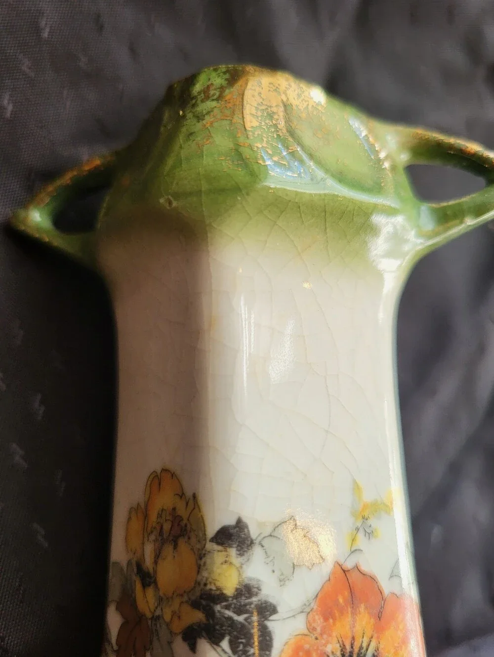 Vintage Cechalovakia 7 Inch Floral Ceramic Vase in Blue, Cream & Orange